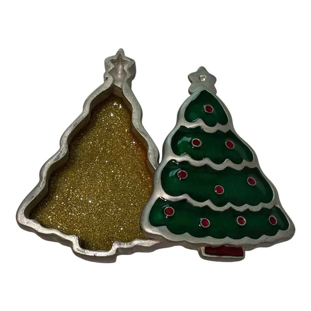 Christmas Tree Trinket Box Green Enamel Cast Metal Holiday Keepsake Gift Decor